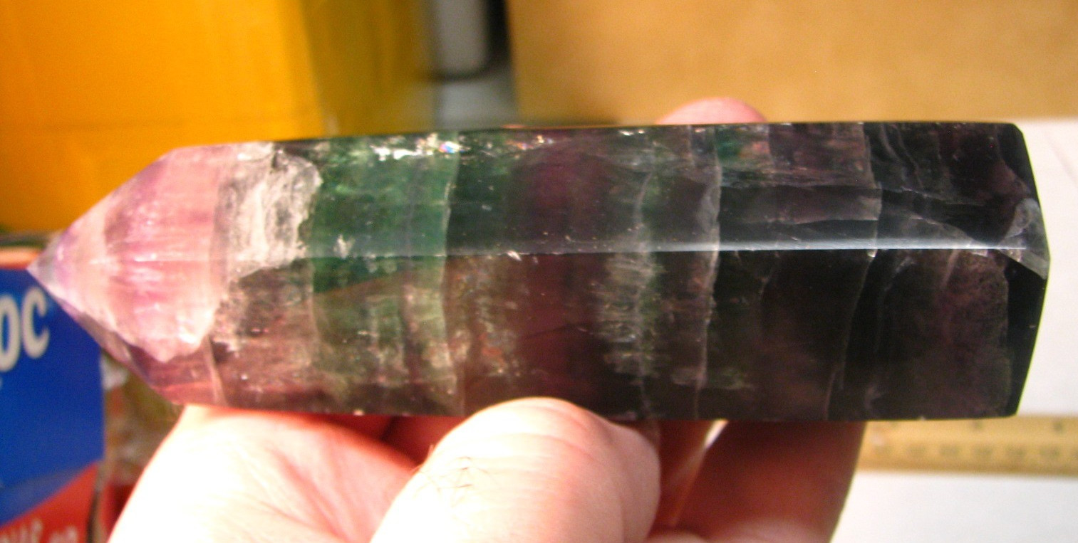 .9lb 5.25inchs GREEN/PURPLE FLUORITE TOWER (BLUE FLUORESCENT) BRAZIL #183