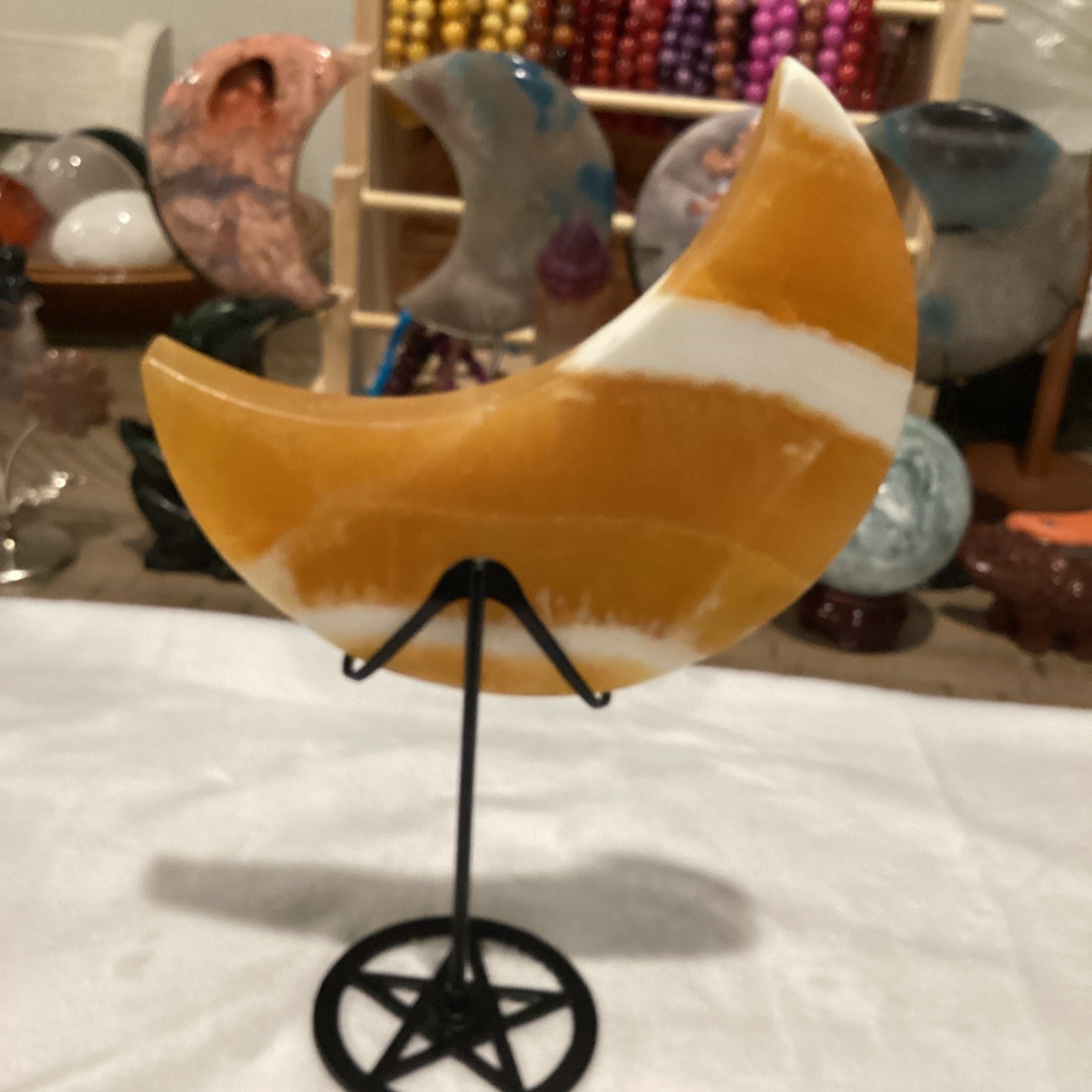 Polished Orange White Calcite Crescent Moon Crystal Specimen on Stand 6in 15 oz