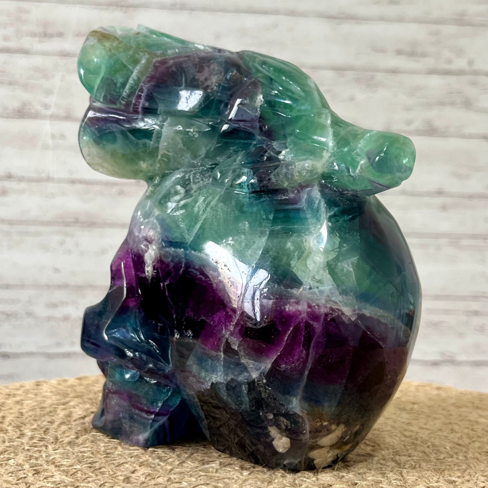 Fluorite Skull Carving with Rose Top – Natural Crystal Healing Decor Gift 3.9 lb
