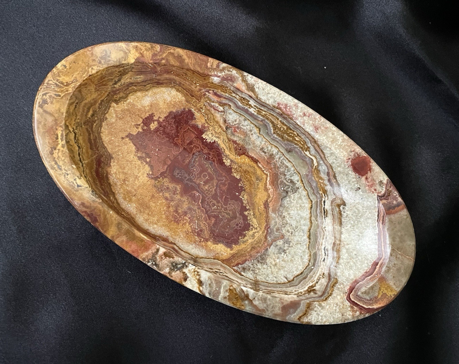 Carved And Polished Stone Dish Crazy Lace Agate Oval Jewelry Dish Cufflinks Tray