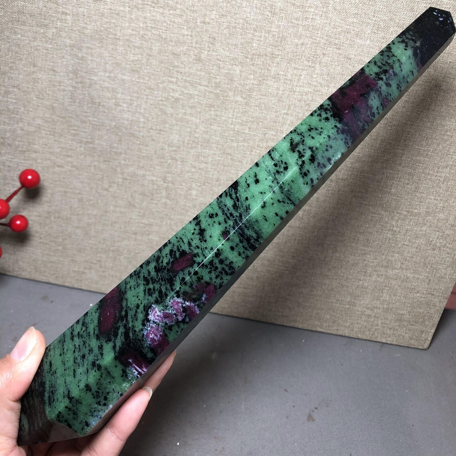295mm Long Natural red green epidote wand Obelisk Crystal specimens 716g A4537