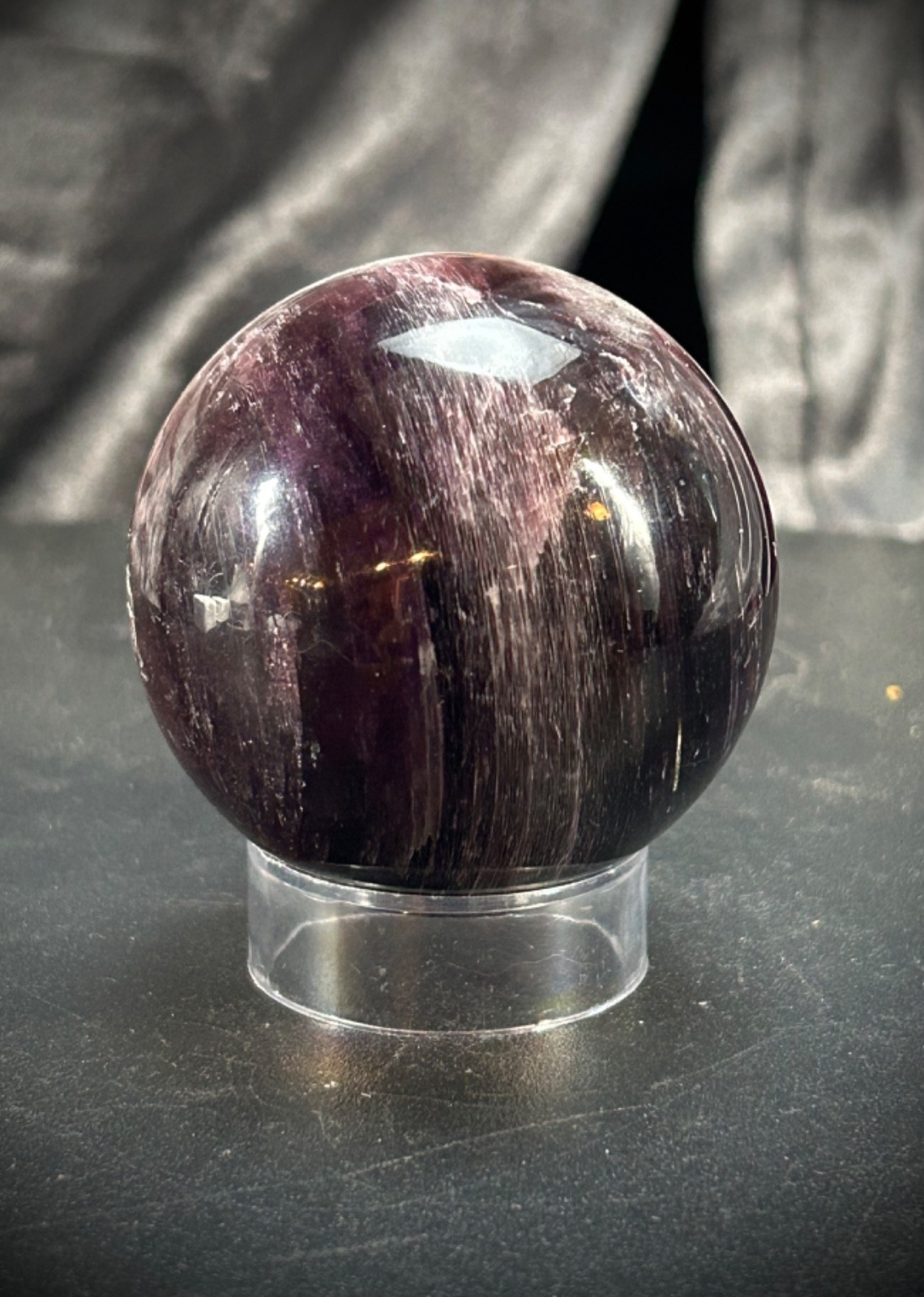 2″ Gem Lipidolite and Hematoid Quartz Sphere with Acrylic Stand 6.5 oz