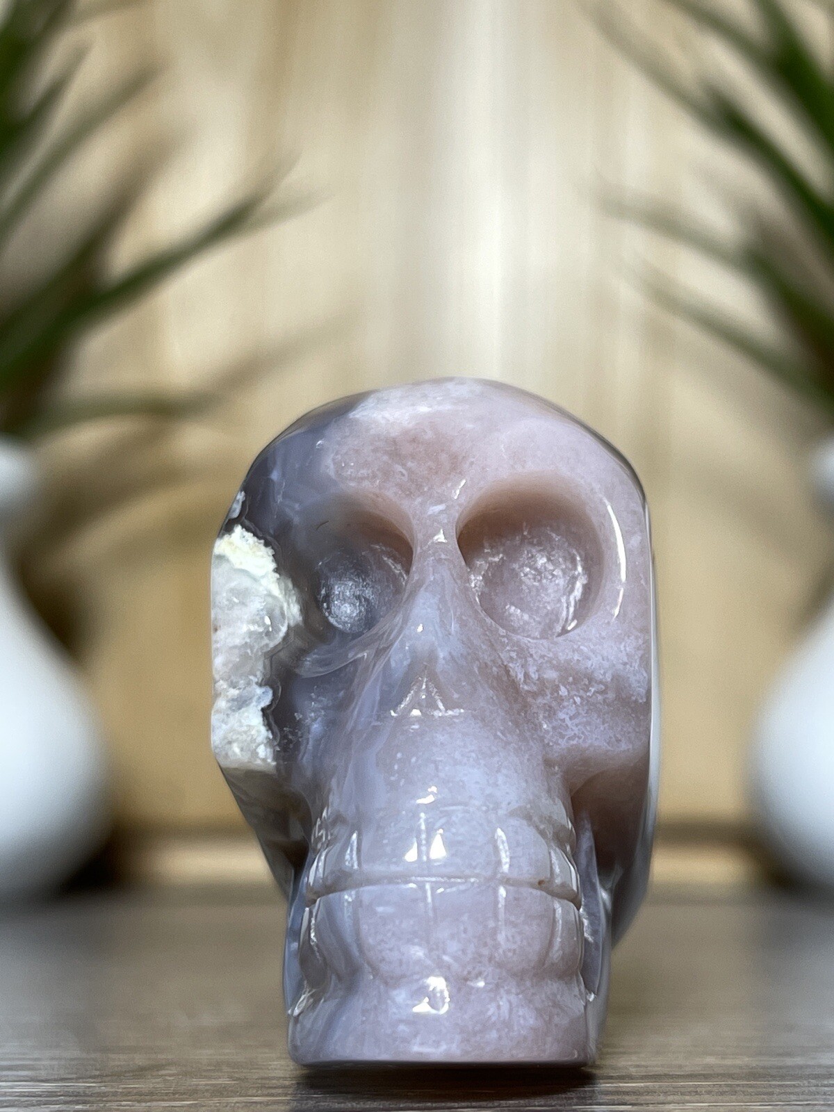 FLOWER AGATE SKULL – Mineral Carving Pink Purple Chakra Crystal Statue Decor