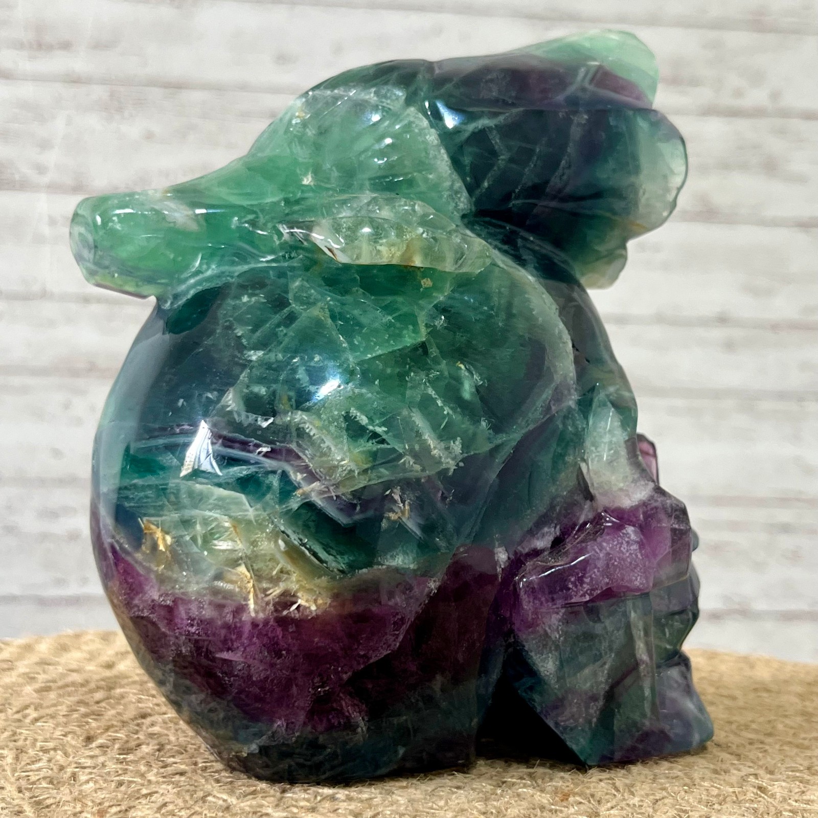 Fluorite Skull Carving with Rose Top – Natural Crystal Healing Decor Gift 3.9 lb