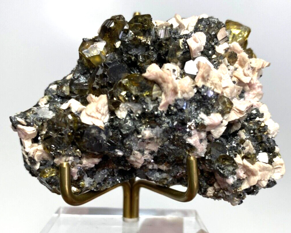 Rhodochrosite Pale Pink and Sphalerite Gem Golden and Black Crystals on Matrix