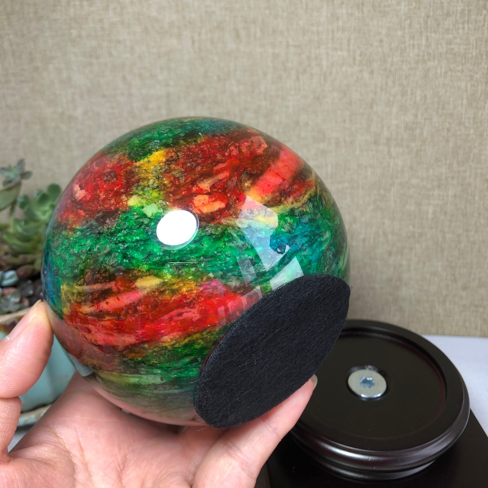 Natural “Seven Colors Jade” sphere flat bottom specimen Taiwan China 99mm A4579