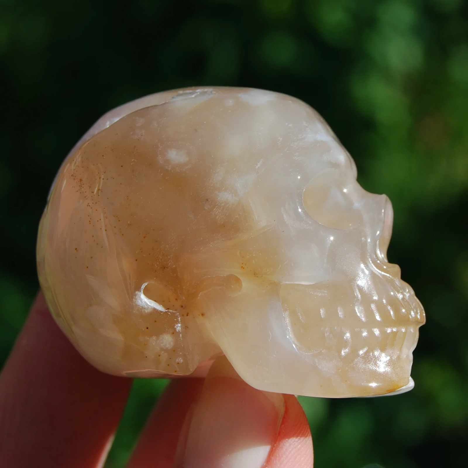 2in Sakura Flower Agate Carved Crystal Skull, Realistic Peach White Flower Agate