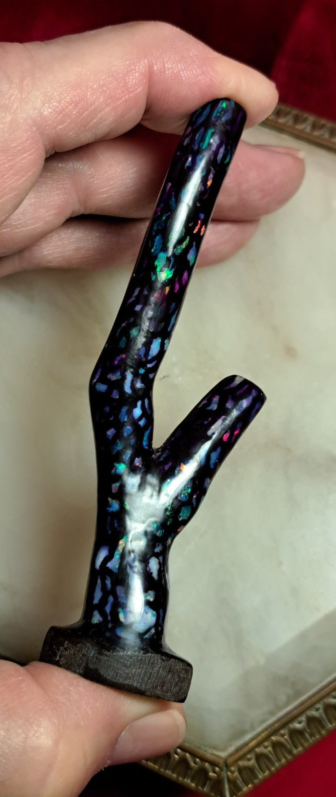 Huge Multicolor Indonesian Wood Opal Fossil Inlaid Mosaic Branch Stands Up