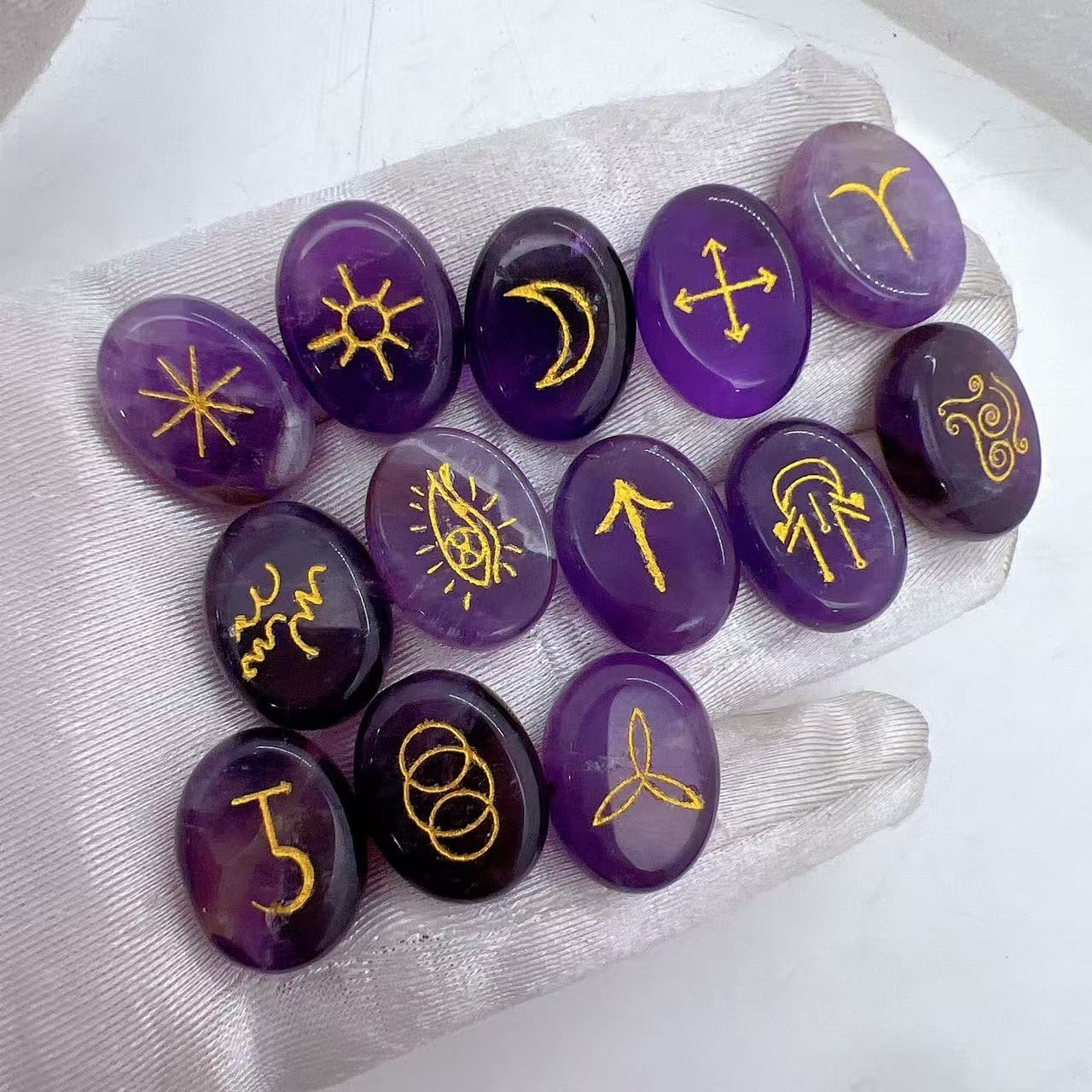 13 pieces per package of natural crystal semi precious stones, witch rune carvi