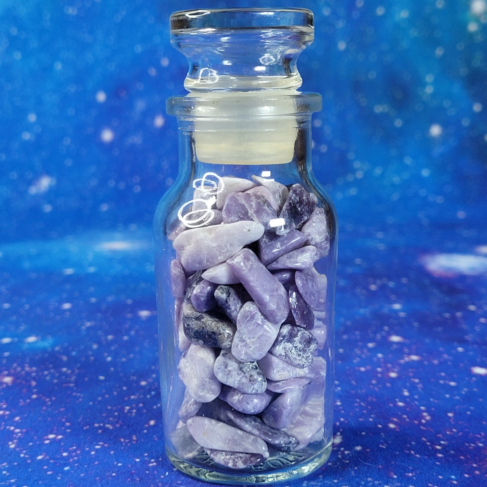 Lepidolite Stone Tumbles in Vintage 4 oz Apothecary Glass Jar Purple Crystal