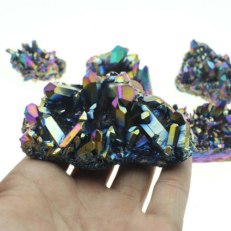 Natural Quartz Crystal Cluster Aura Rainbow Titanium Rock Stone Specimens Reiki