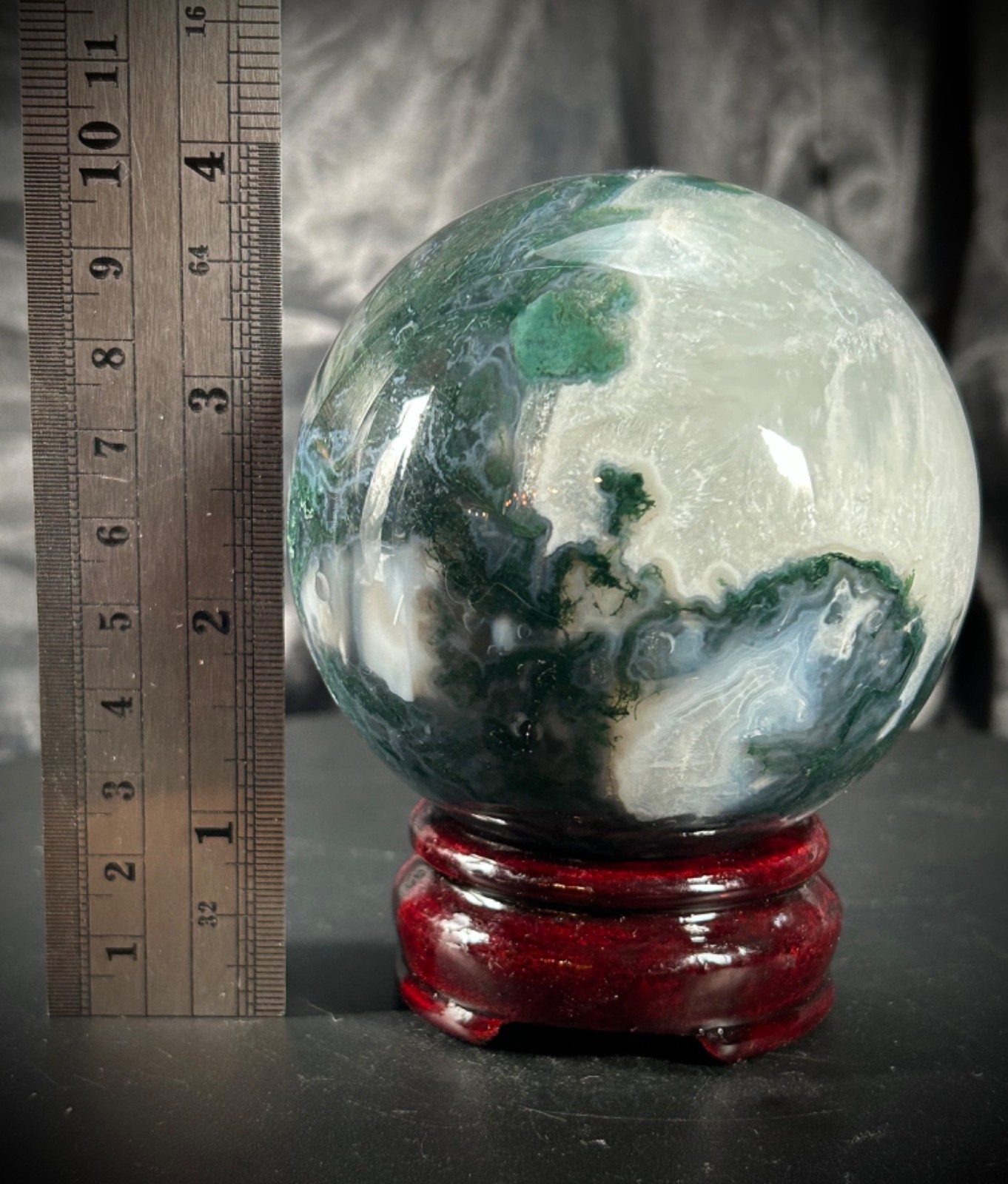 3.25″ Unique Moss Agate And Quartz Sphere With Wood Stand 1lb 10.3oz