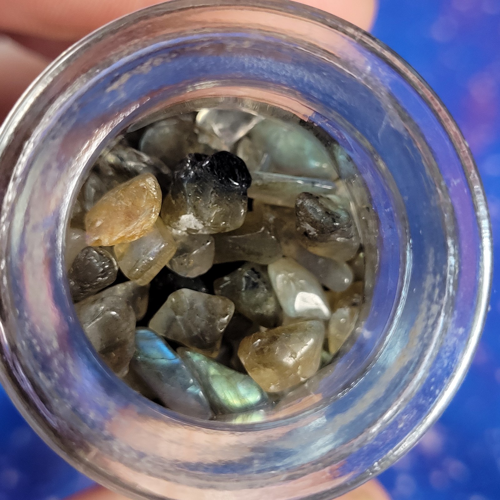1/4 lb Labradorite Crystal Tumbled Chips in Apothecary Vintage Glass Jar Wagner