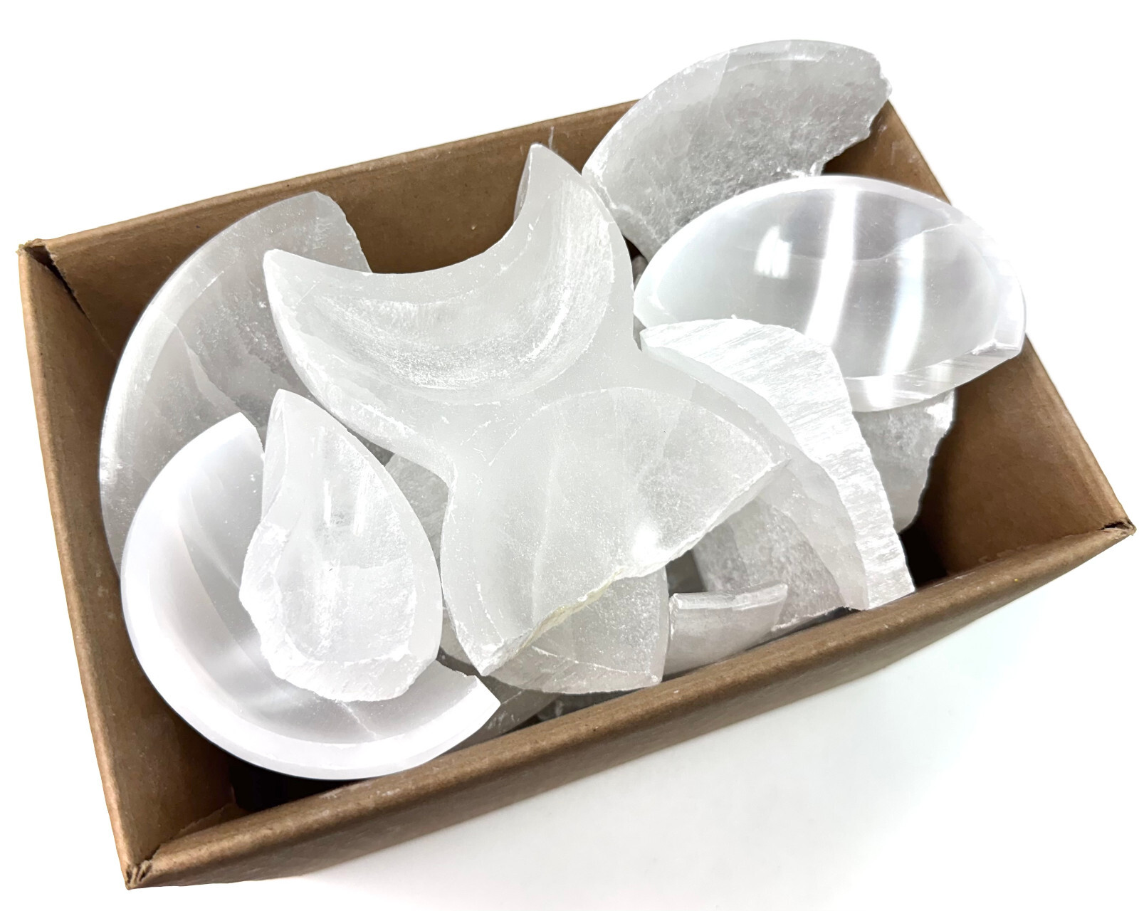 Broken Selenite Bowls Box – CLEARANCE Assorted Selenite Crystal Bowls & Pieces