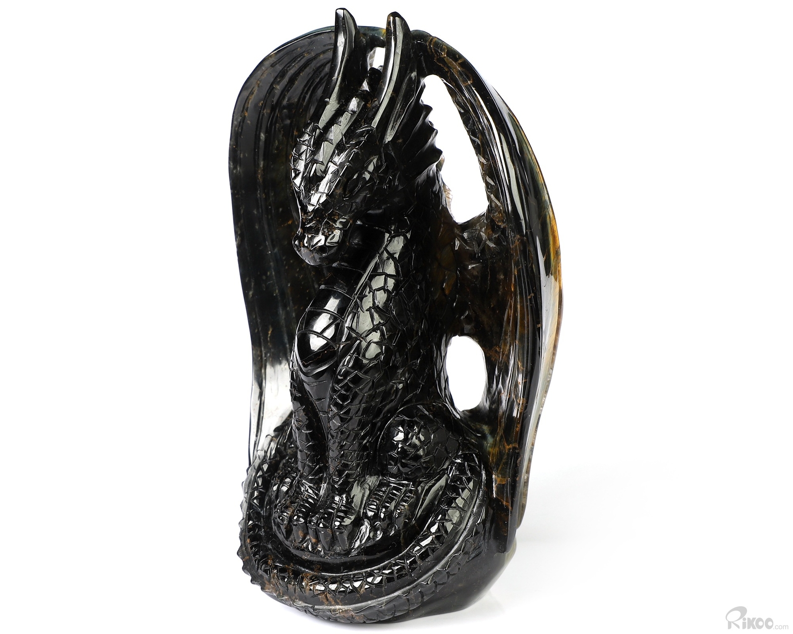 Gemstone 5.1″ Blue & Gold Tiger’s Eye Hand Carved Crystal Dragon Sculpture