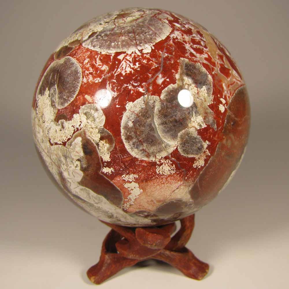 2.9″ MONEY AGATE Rhyolite Gemstone Sphere w/ Stand – Indonesia – 75mm – 1.2 lbs.