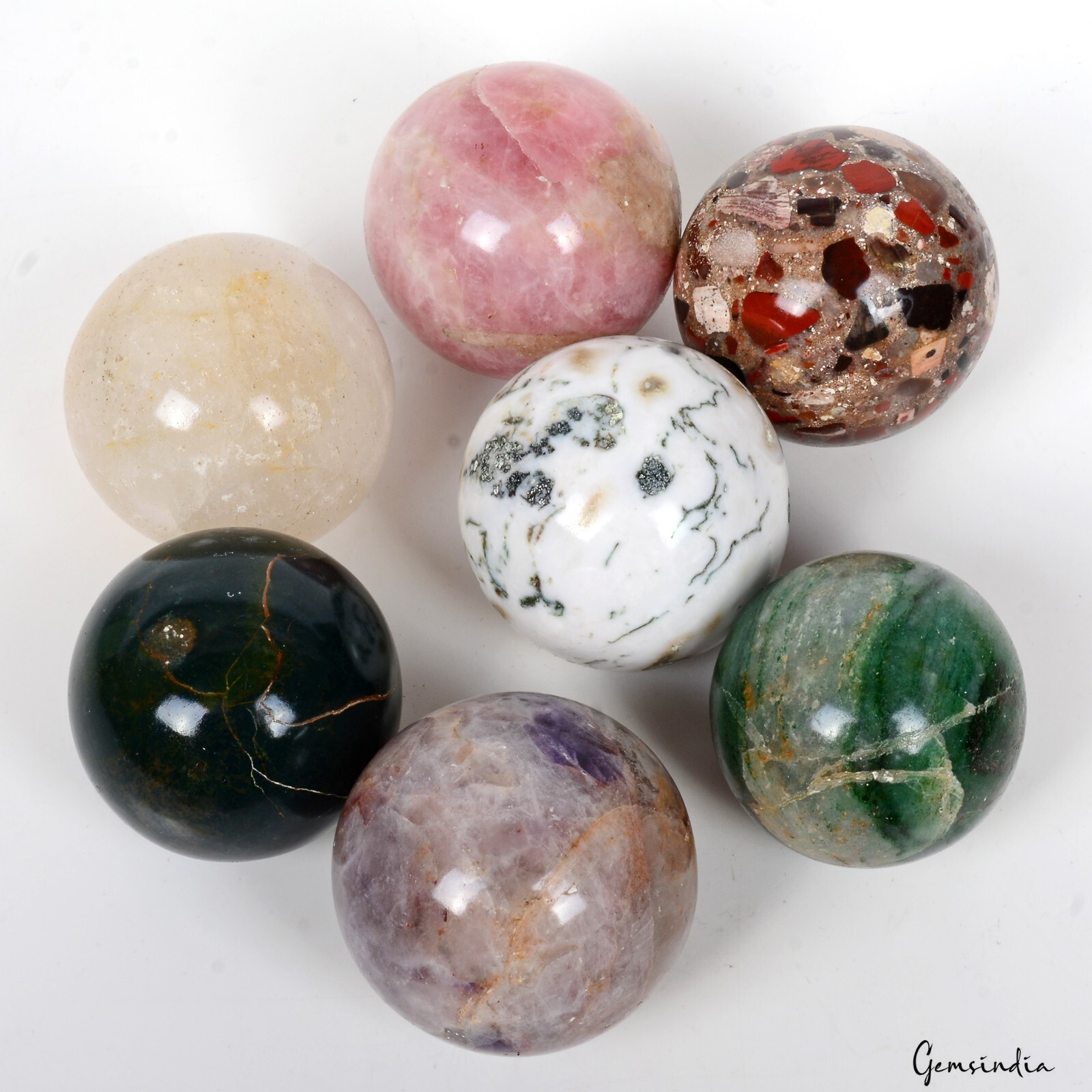 1.28 Kg 7 Pc Set Of Multi gemstone Crystal Sphere Ball Polished Healing w/ Stand