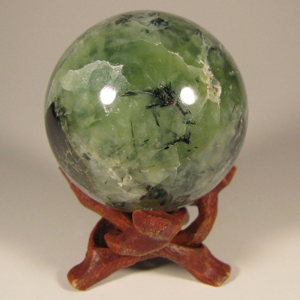 2.1″ Green PREHNITE w/ TOURMALINE, EPIDOTE Sphere w/ Stand – Australia – 53mm