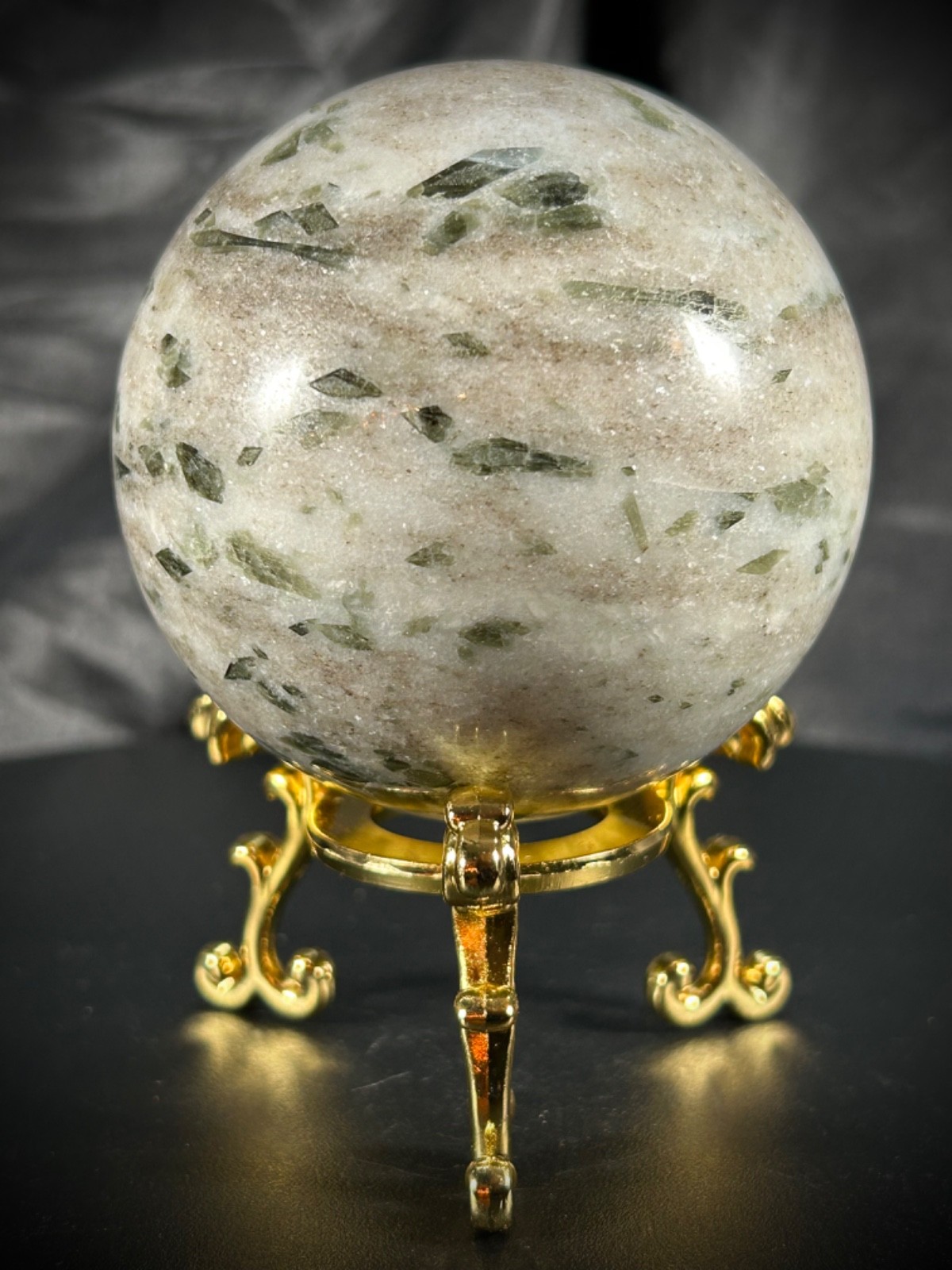 3″ Green Tourmaline In Quartz Sphere With Metal Stand 1lb 7.4oz (662 grams)