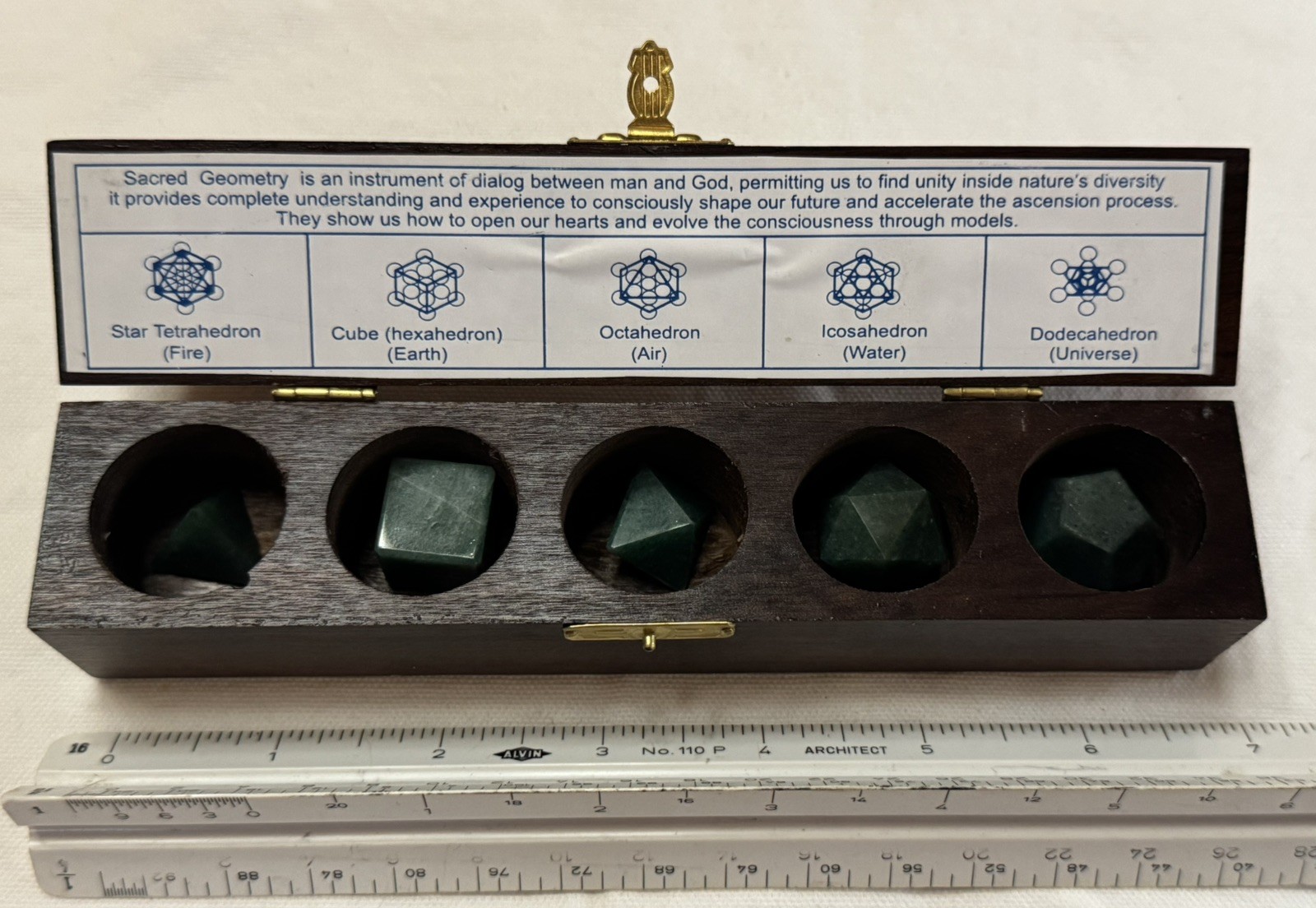 Vintage Green Indian Agate 5pc Sacred Geometry Set Platonic Solids w/Wooden Box