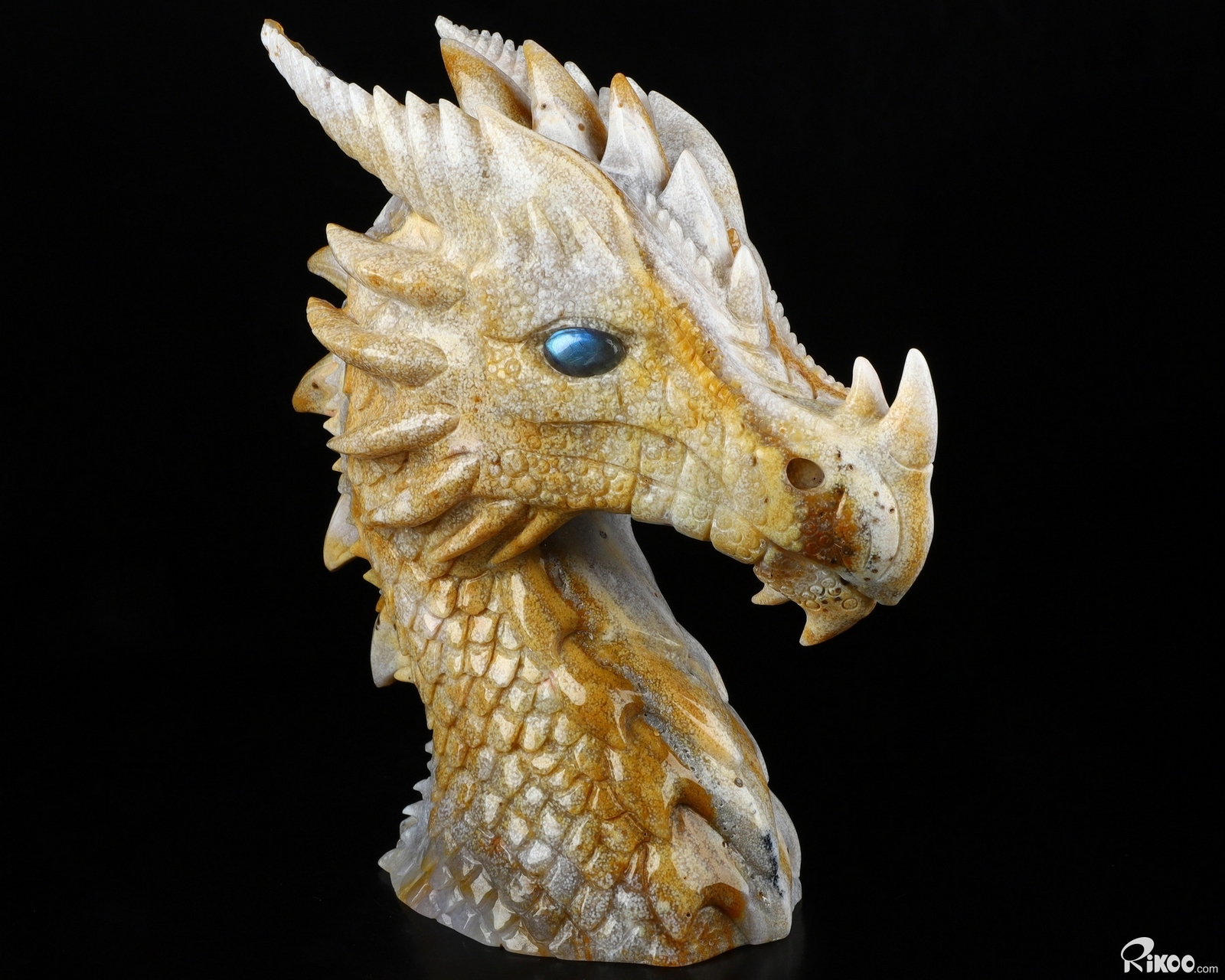 6.9″ Indian Agate Carved Crystal Dragon & Labradorite Eyes Sculpture, Realistic