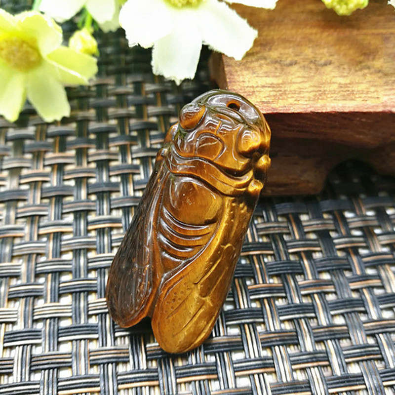 Natural Tiger’s Eye Stone Hand Carved Cicada Quartz Crystal Pendant Gift Healing