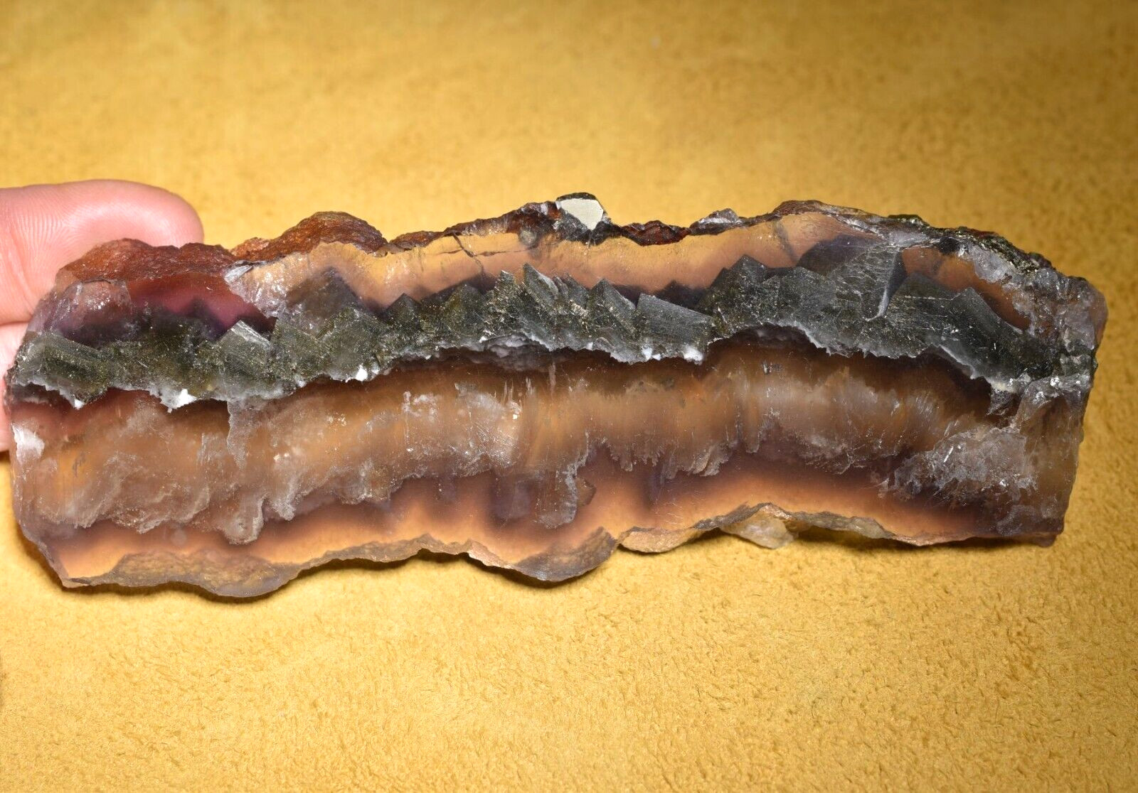 Fluorite With Pyrite & Barite Inclusions Polished Slab From Inner Mongolia China