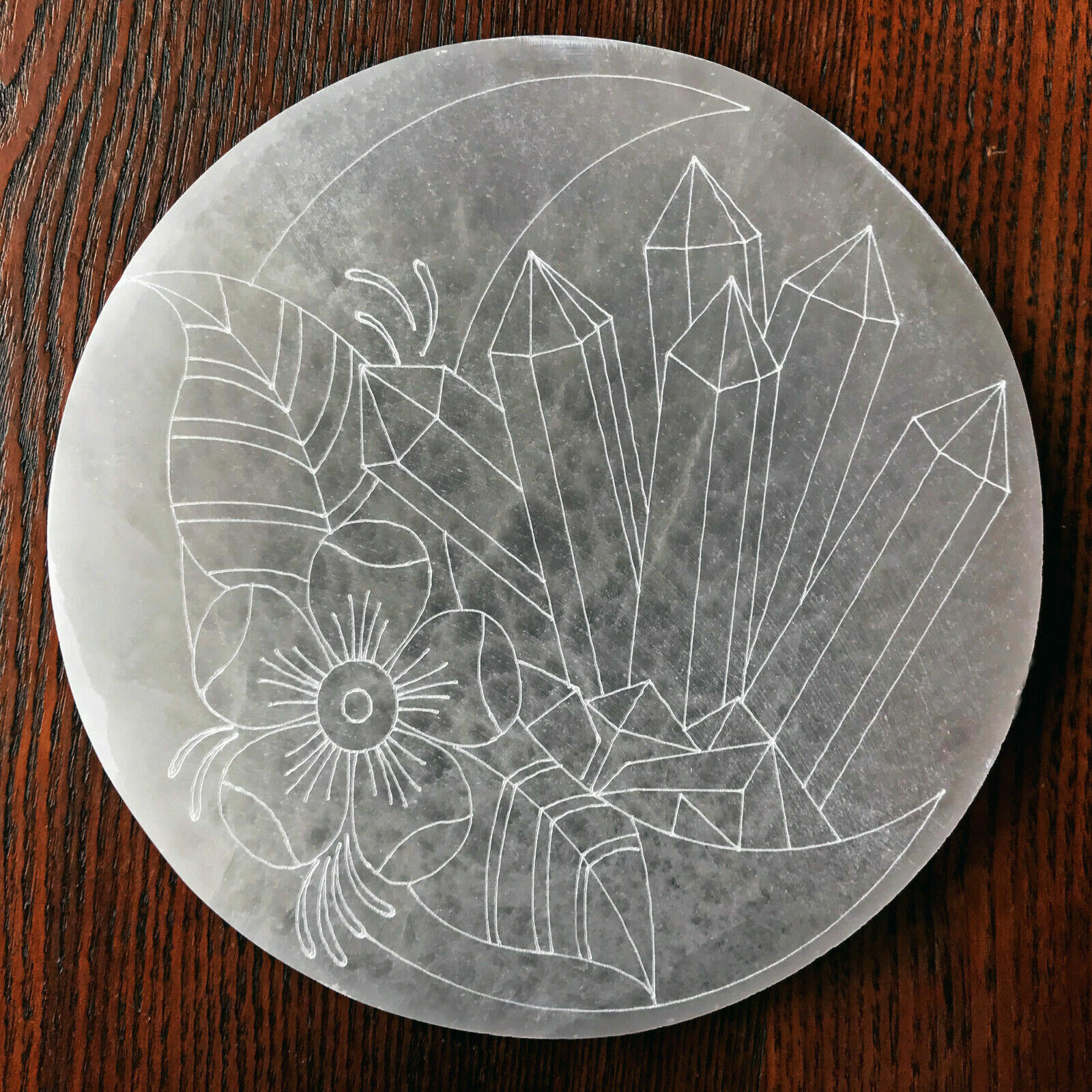 XL Selenite Charging Plate ” Moon Flower Engraved Crystal Round Disc Reiki Energ