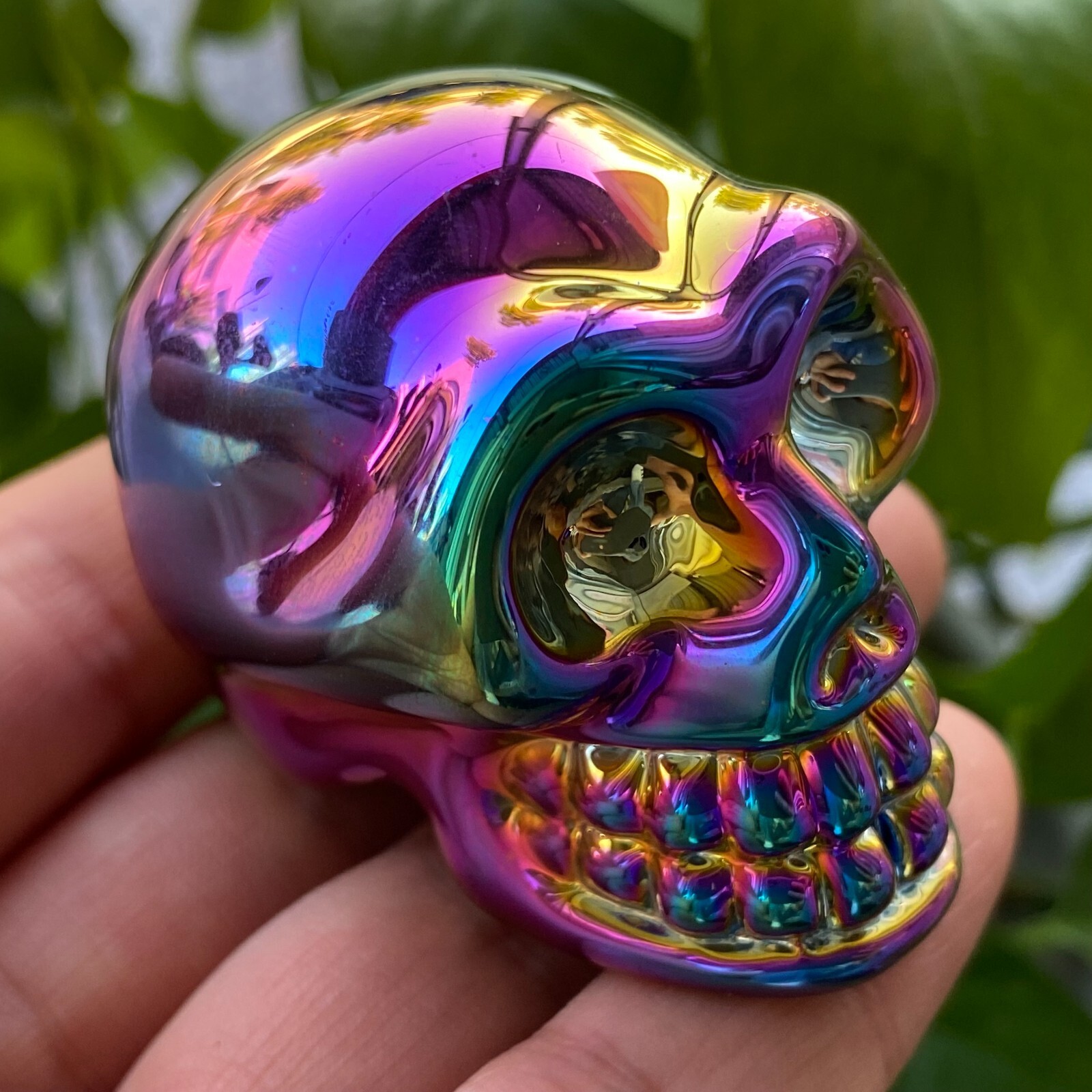 2″ Natural Rainbow Titanium Quartz Hand carved skull crystal reiki healing 1PC