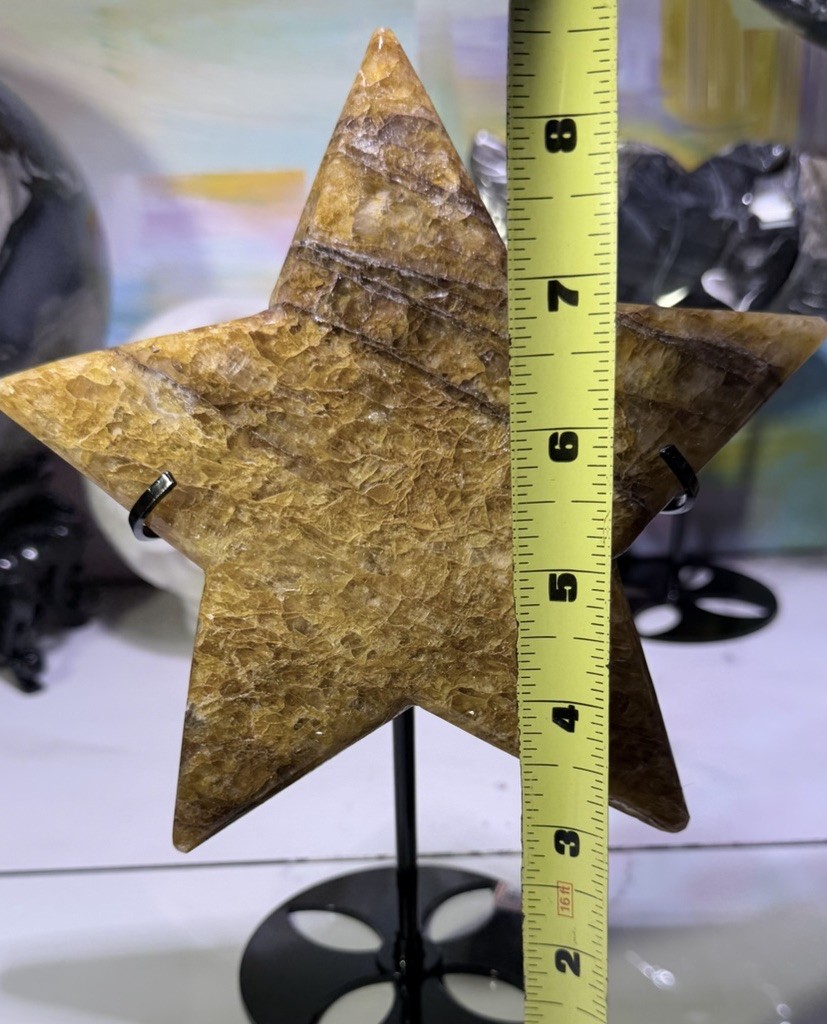 Honeycomb Star-Shaped Yellow Crystal Decorator Piece on Stand, Approx. 8″