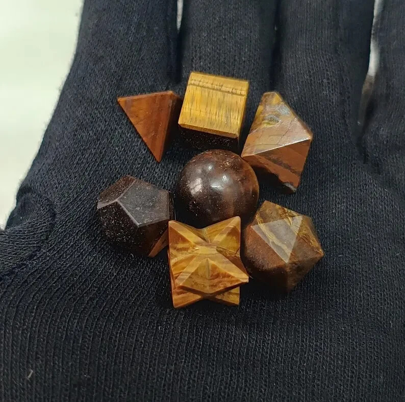 High-Quality Tiger Eye Platonic Solids Geometry Set 7 Pieces with Premium Box.