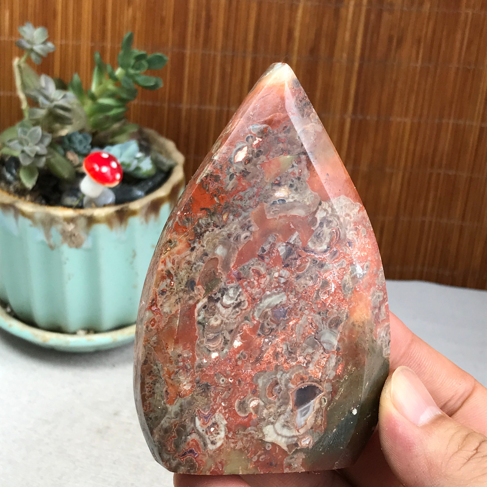 Natural money Mexico agate hand carve leaf Crystal Specimen free standing A6274
