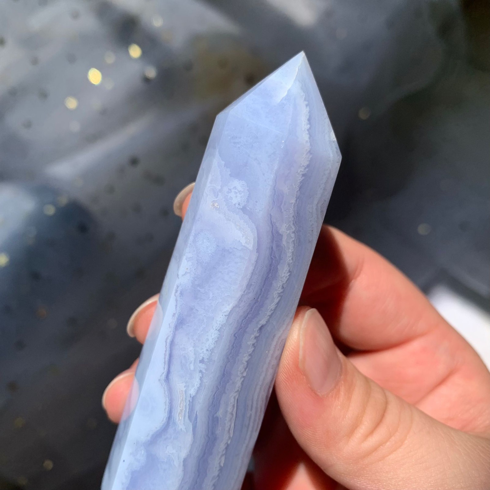 93g Blue Lace Agate Obelisk Point Healing Crystal Stone Sacred Geometry Decor