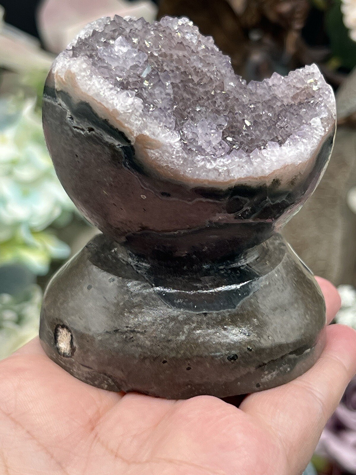 Natural Sugar Druzy Amethyst Geode Carved standing Spheres L@@K Free ship & Gift