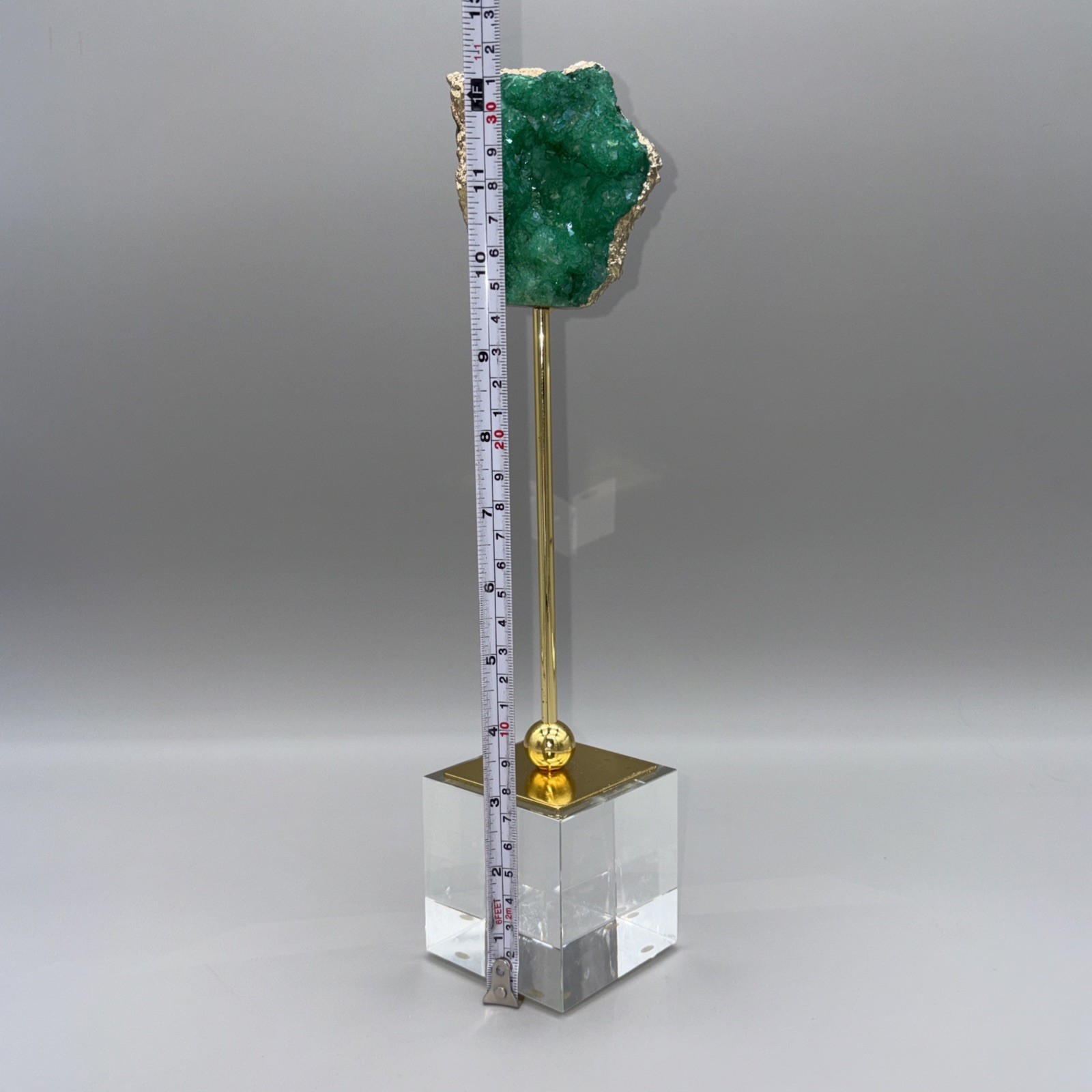 12.5″ Crystal Geode Sculpture Post Stand 12K Gold Plated Edge Acrylic Base Druzy