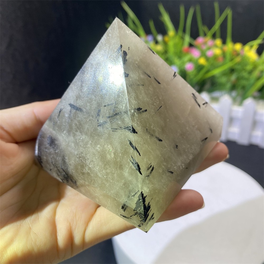 0.8LB 2.7″ Natural Black Rutiled Quartz Pyramid Statue Crystal Reiki Heal Decor