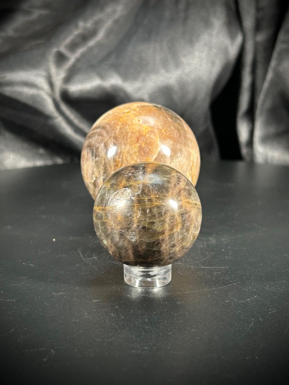 2 Piece Black Moonstone Sphere Bundle With Acrylic Stands 6.6oz (186 grams)
