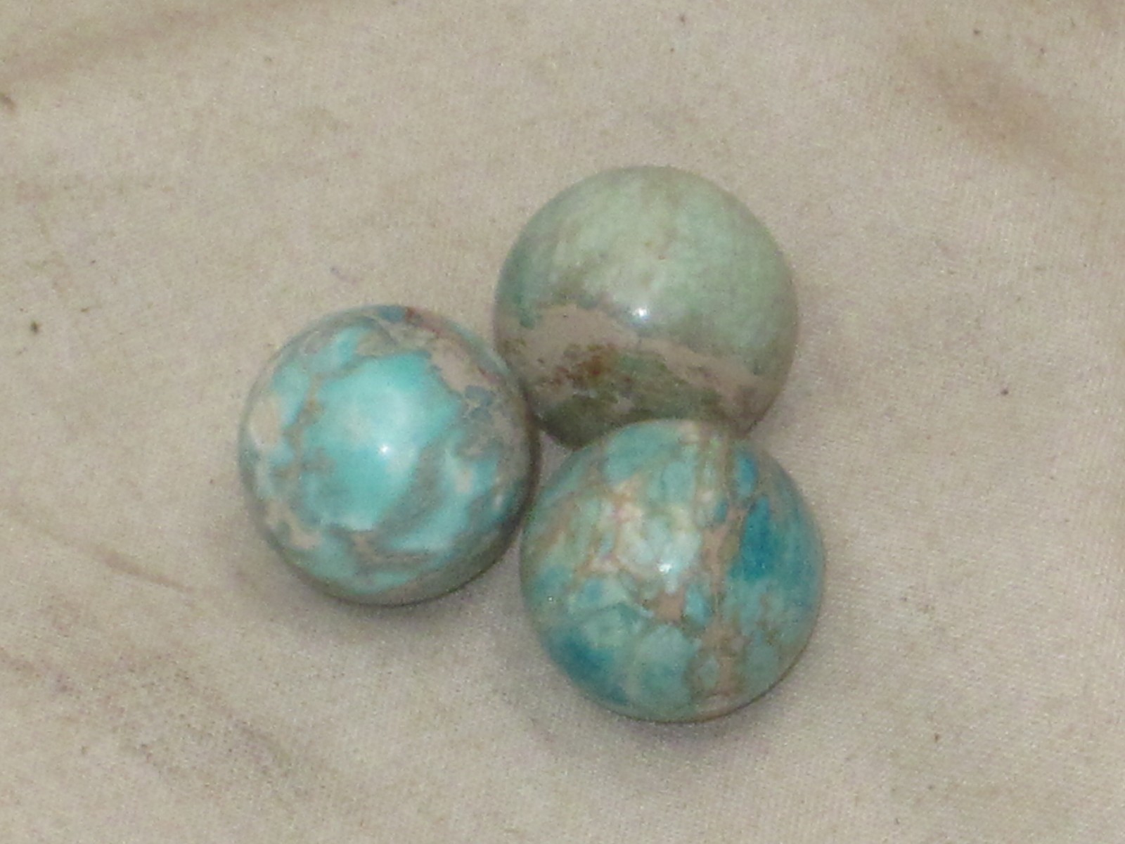 3 small polished turquoise ? spheres sphere orb marble balls ball w/ center hole