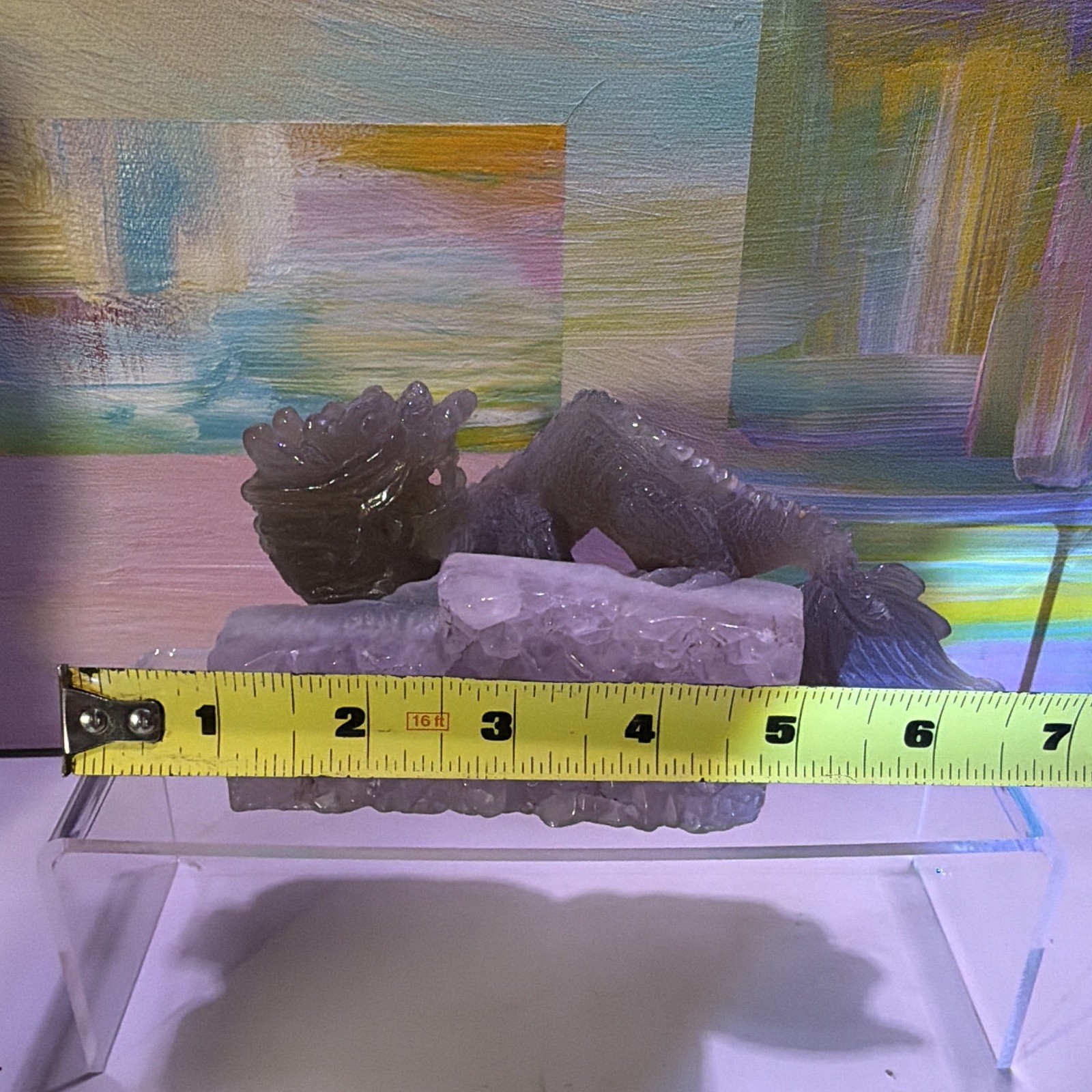 Carved Dragon Figure on Quartz Crystal Cluster Base Decorator Piece, 6 in