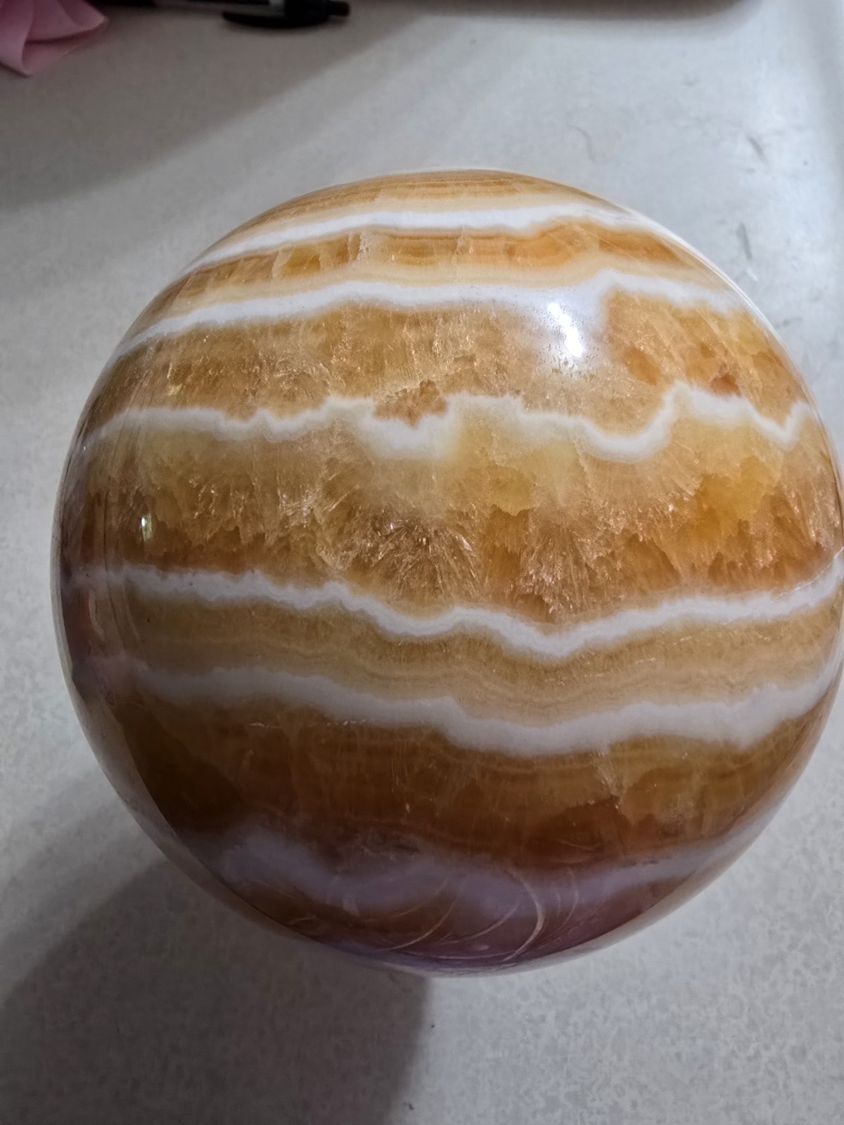 Orange Banded Calcite Polished Sphere Display, 4.47 in & 5.5 lbs W/Stand.
