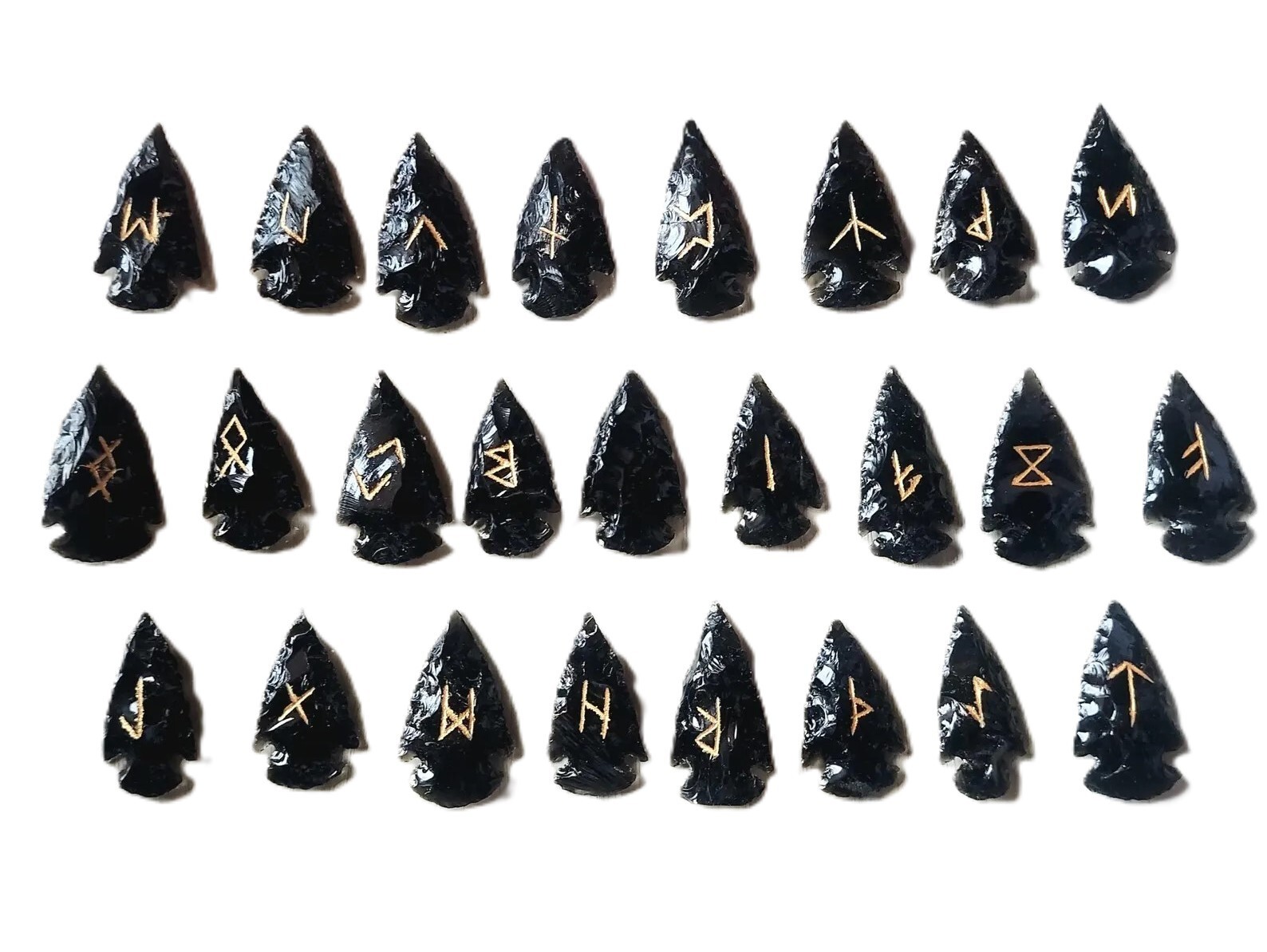 Black Obsidian Arrowhead Rune Set – Handcrafted Divination Stones Set of 25pcs