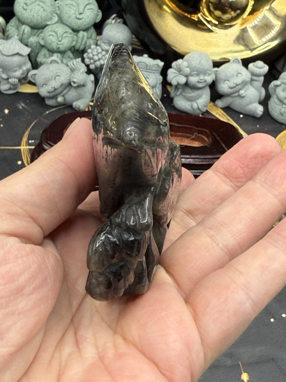 Natural Labradorite harbor porpoise Carving w/ custom stand Rainbow/Purple Fash