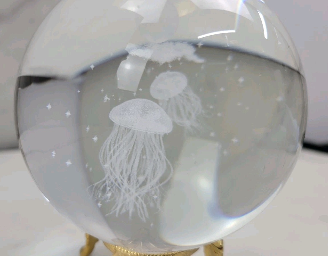 Jellyfish Crystal Ball No Stand, 3D Laser Engraved Glass Sphere Decorative Ball