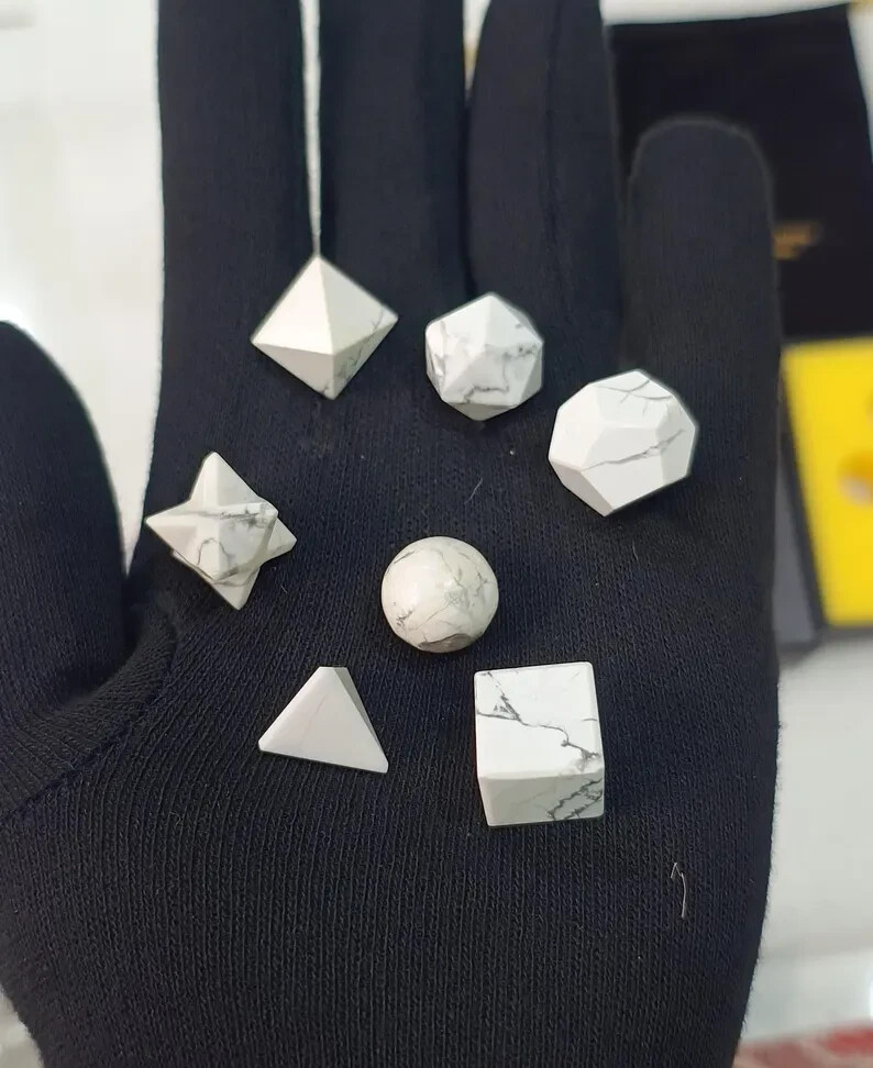 7pc White Howlite Platonic Solids Set Sacred Geometry Reiki Healing Crystal Grid