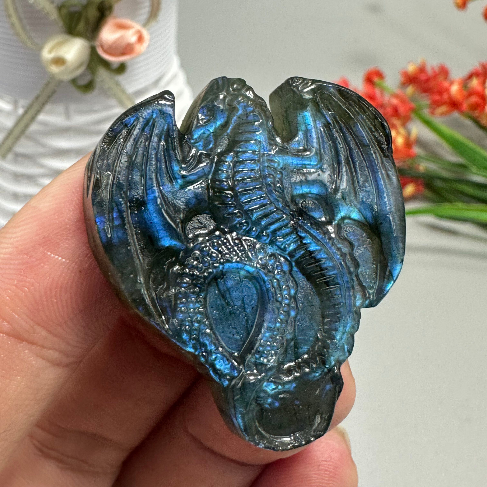 Natural Labradorite Carved dragon Quartz Skull Crystal Specimen Healing 1PC