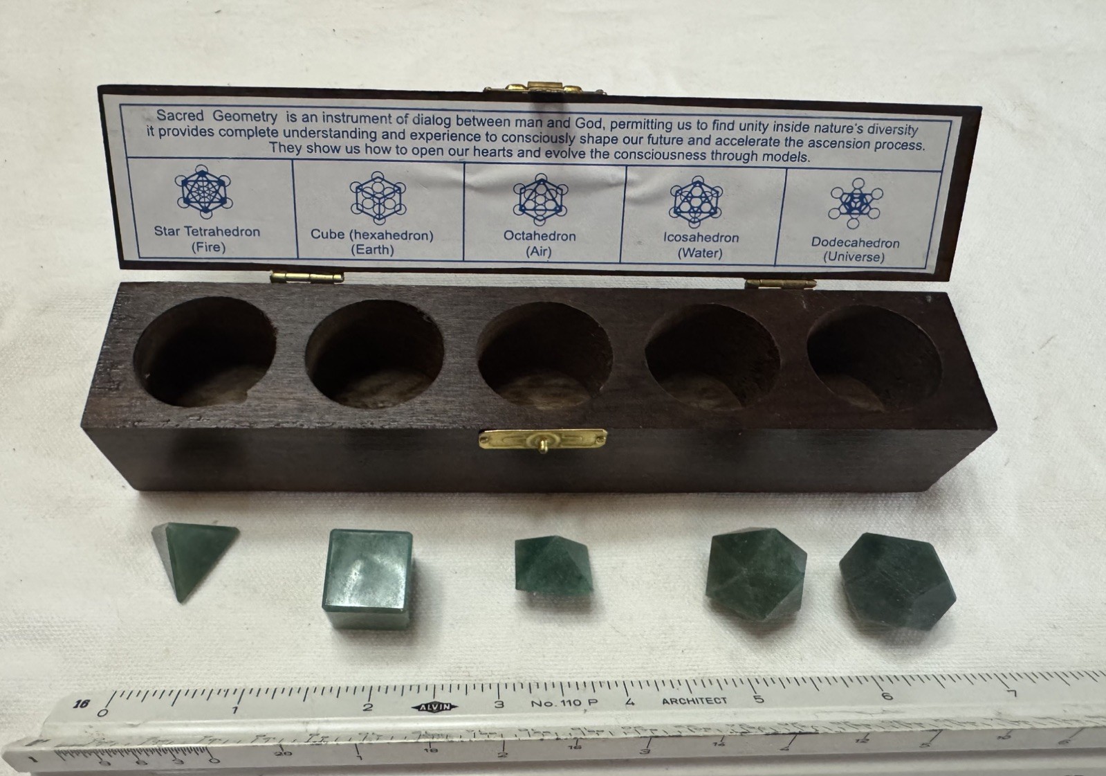 Vintage Green Indian Agate 5pc Sacred Geometry Set Platonic Solids w/Wooden Box