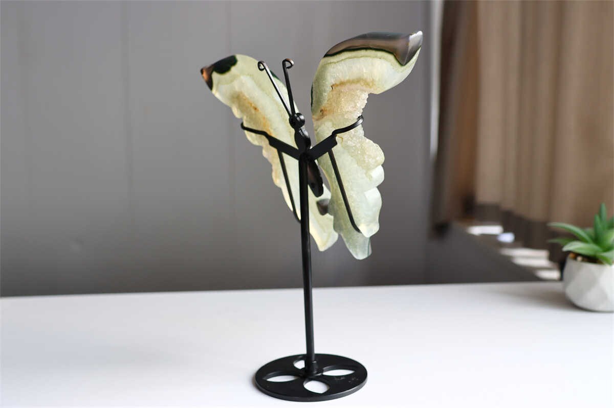 630g Natural Geode Agate Carved Butterfly Wing Reiki Crystal Decor Gift + Stand