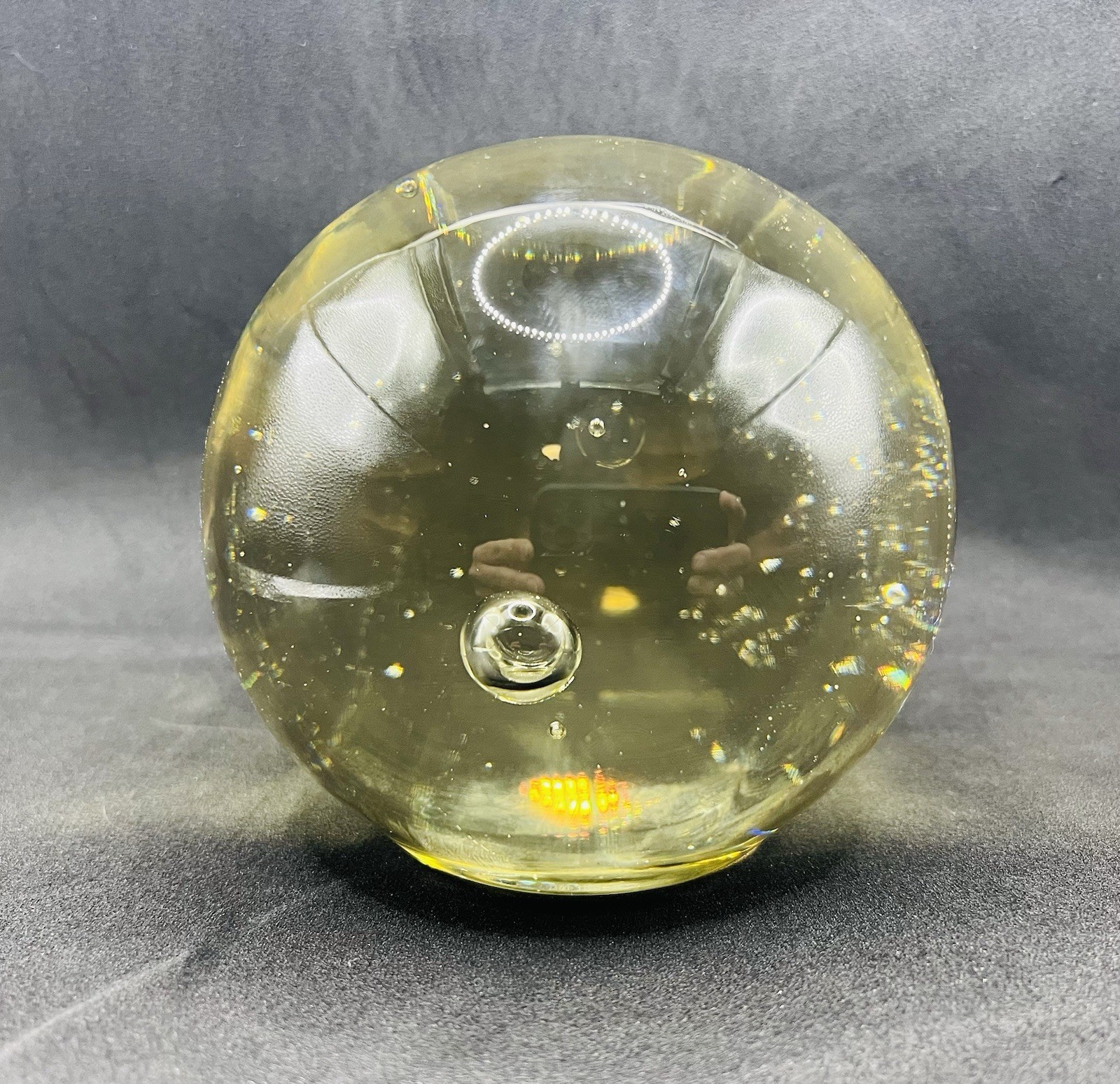Vintage Clear Orb Crystal Magnifying Ball w Brass Base Stand 7″ tall Bubbles