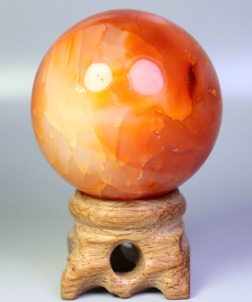 139g Natural Polished Red Orange Carnelian Agate Crystal Sphere Ball + Stand