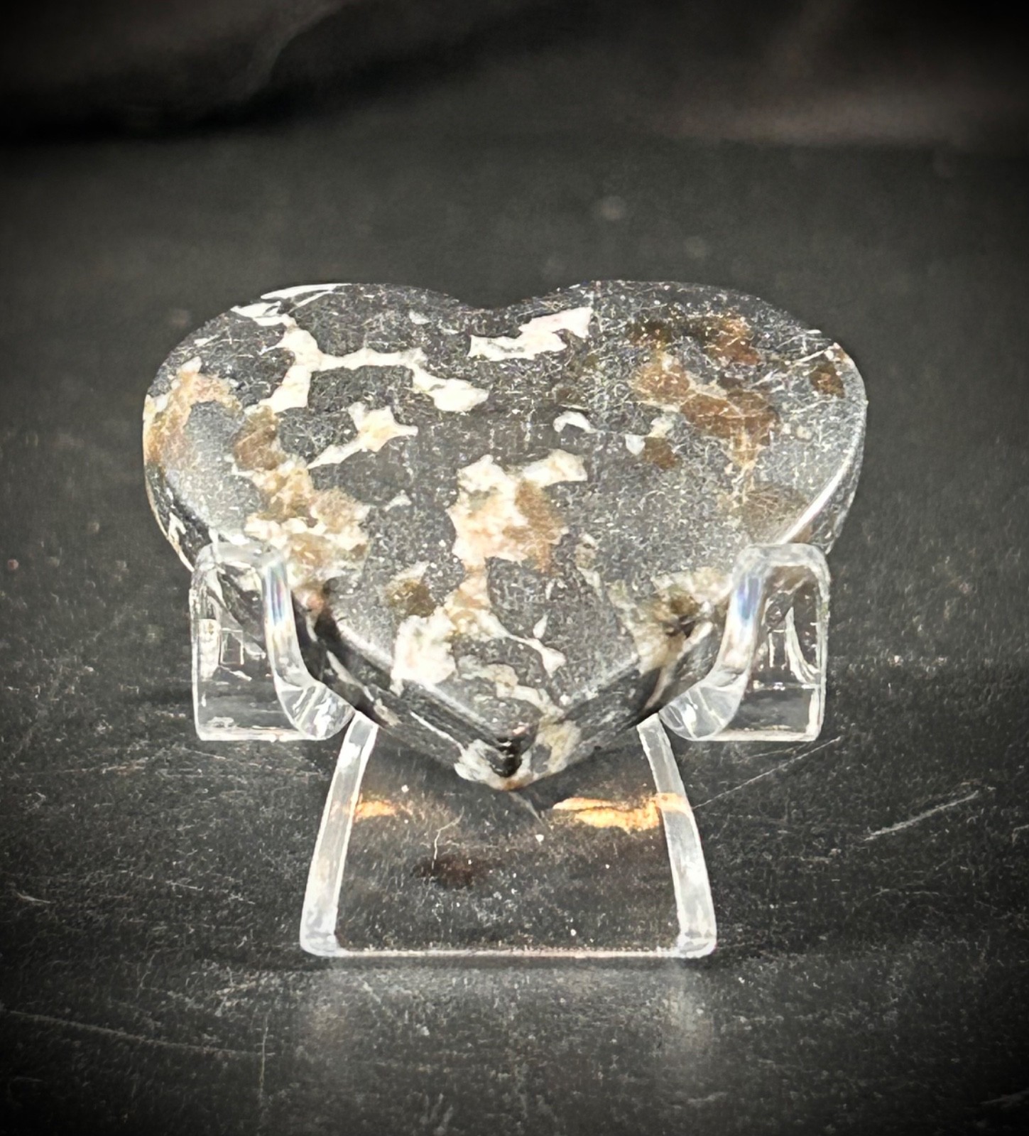 1.4″ Rare Franklinite And Willamite Heart With Acrylic Stand 1oz (28 grams)